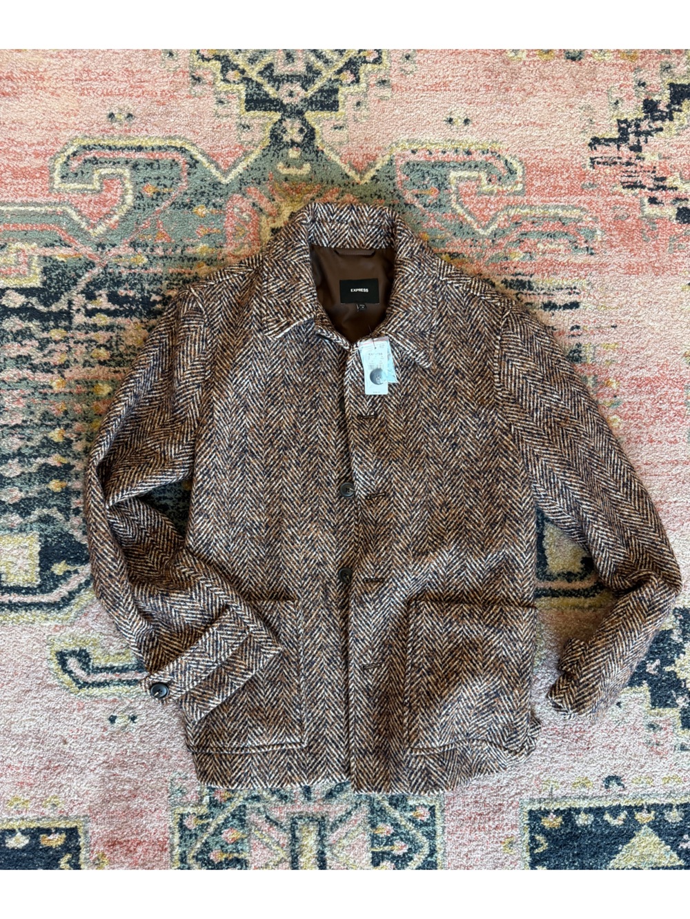 NWT Express Brown Herringbone Wool-Blend Coat - Classic Button Front